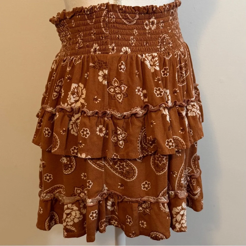 Aerie Brown Floral Paisley Tiered Ruffle Mini Skirt Size M - Picture 2 of 8